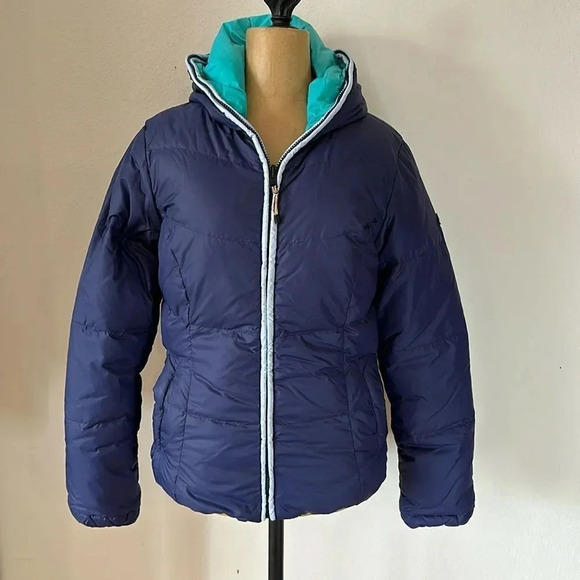 Kjus Swiss EU 38 US 8 blue/turquoise reversible down jacket excellent pre owned - Picture 1 of 11